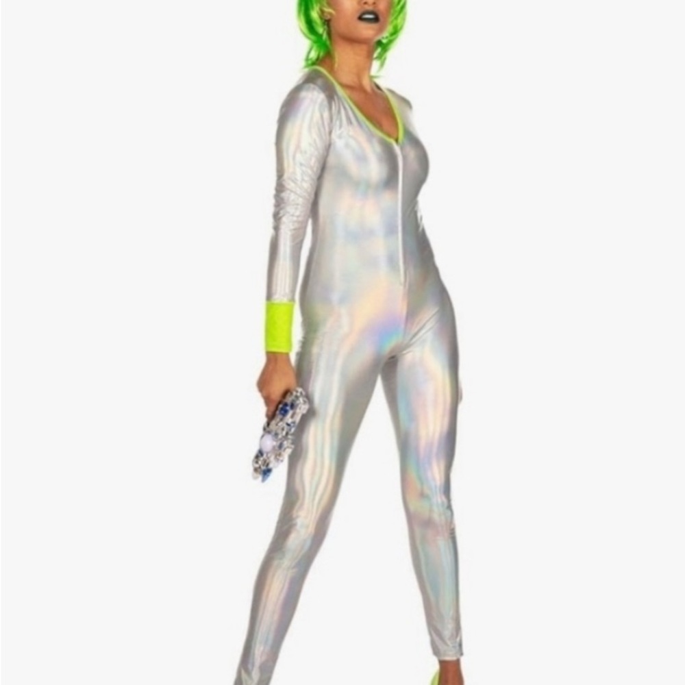 Tipsy Elves New w/tags Alien Silver Iridescent Jumpsuit w/ accessories - Medium